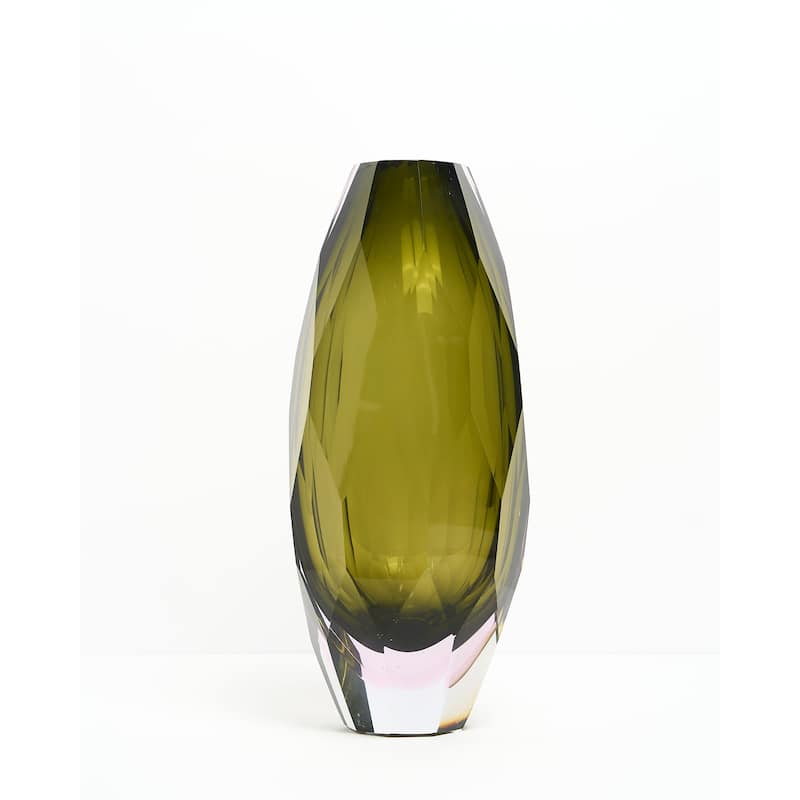Lime Green 6" Art Deco Cut Glass Squat Oval Vase for Modern Decor - Green