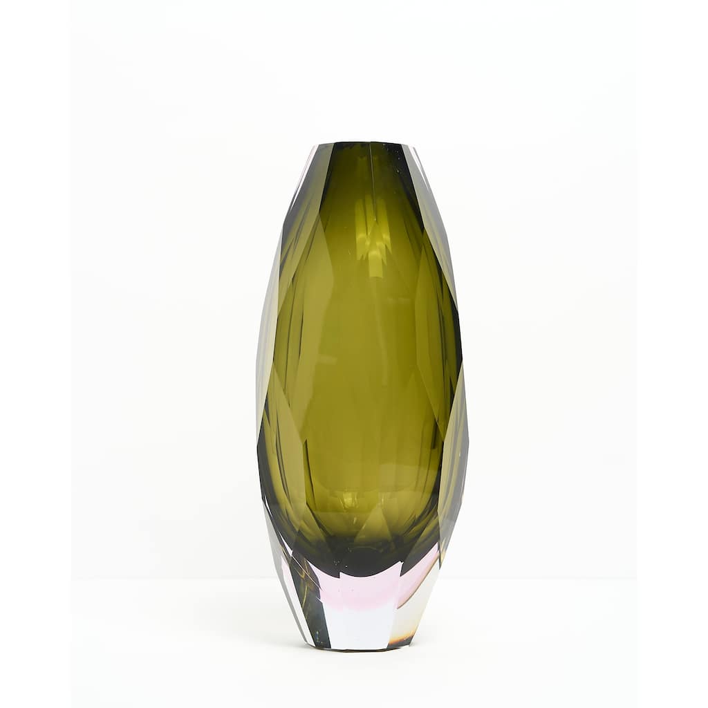 Lime Green 6" Art Deco Cut Glass Squat Oval Vase for Modern Decor