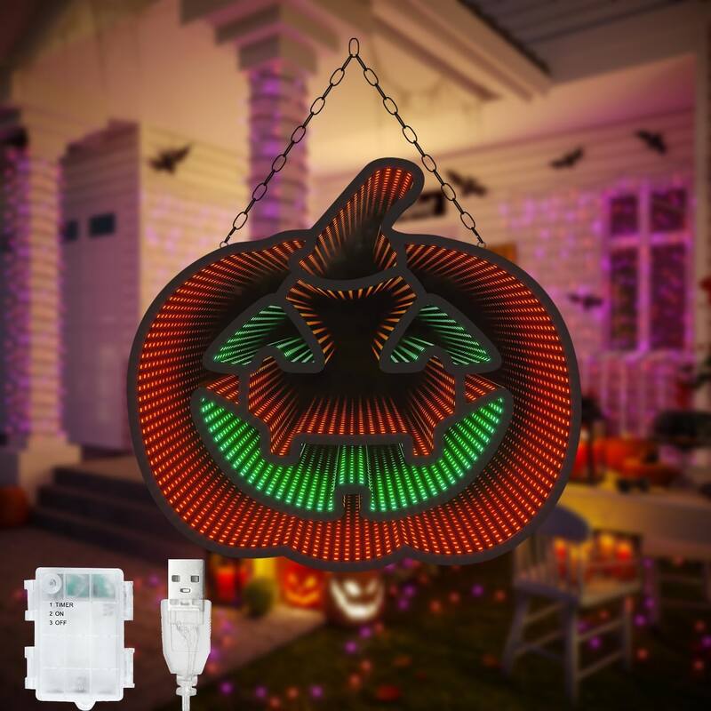 3D Pumpkin LED Infinity Mirror, 12x13", Orange/Green Halloween Motif, USB/Batt