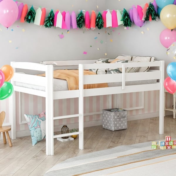 slide 2 of 7, Twin Size Low Loft Beds with Ladder For Kids Bedroom White