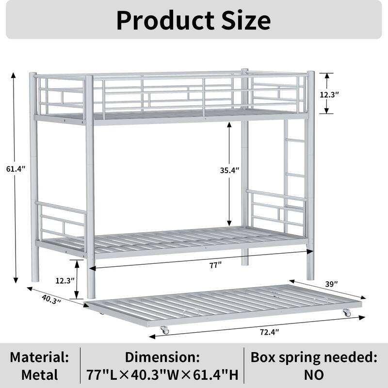 Heavy-duty Sturdy Meta Twin over Twin Bunk Bed, Noise Reduced,Safety Guardrail,No Box Spring Needed