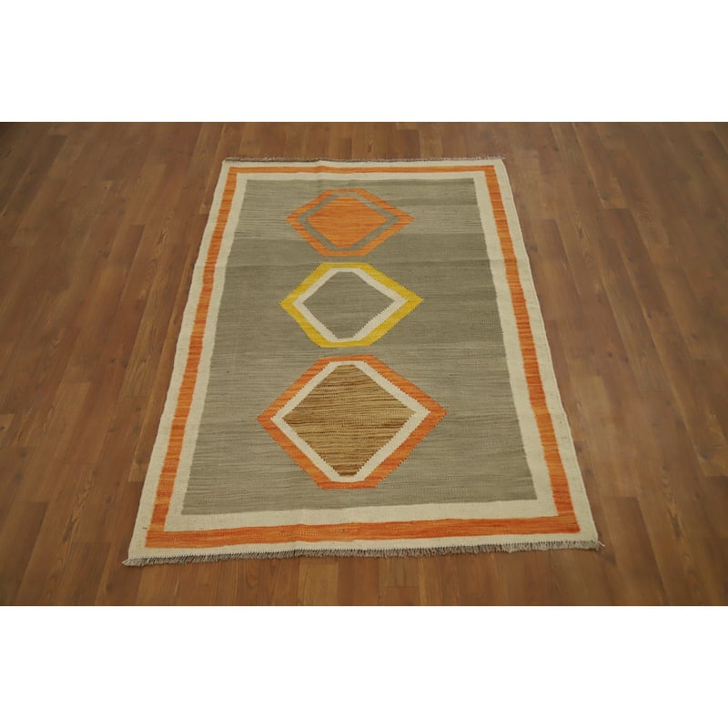 Hand Woven Oriental 100% Wool Carpet Southwestern Modern Green Kilim Area Rug - 4' 9'' X 3' 4''