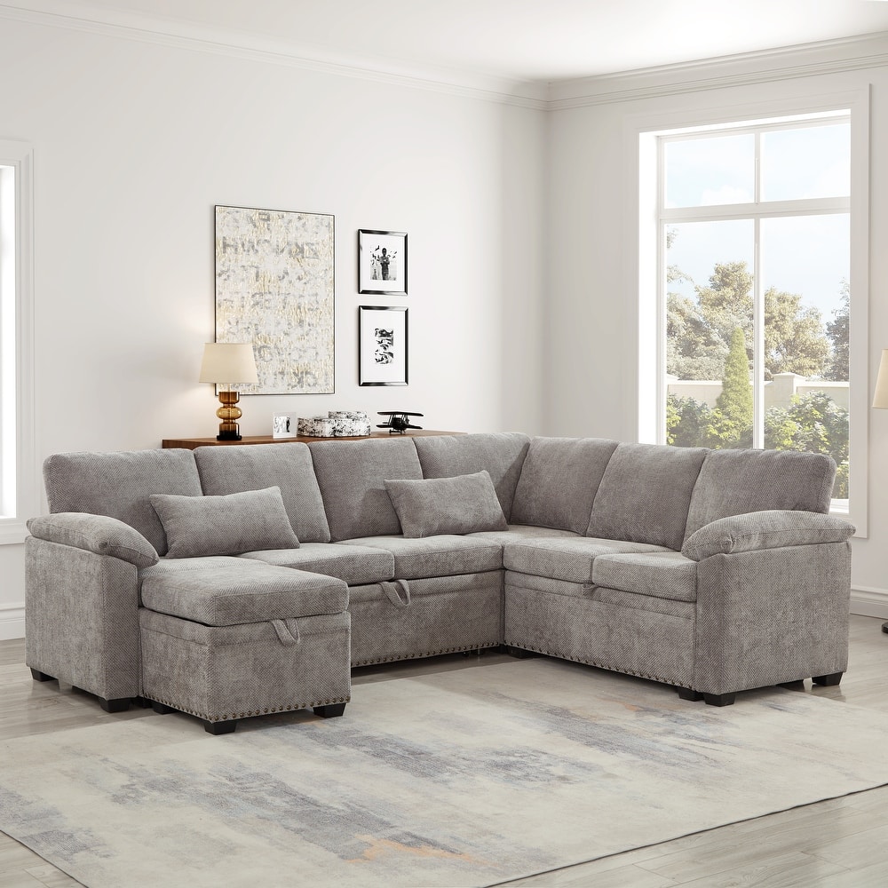 L-Shaped Chenille Sectional Sofa with Pull-Out Bed, Upholstered Convertible 7-Seater Sofa with Storage Ottoman & 2 Pillows