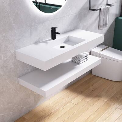 Tubcraft 47 in. Stone Solid Surface Wall-Mounted Rectangular Vessel Bathroom Sink and Shelves
