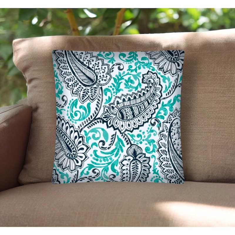 17" Turquoise Navy and White Paisley Indoor Outdoor Throw Pillow Cover - Turquoise Navy and White