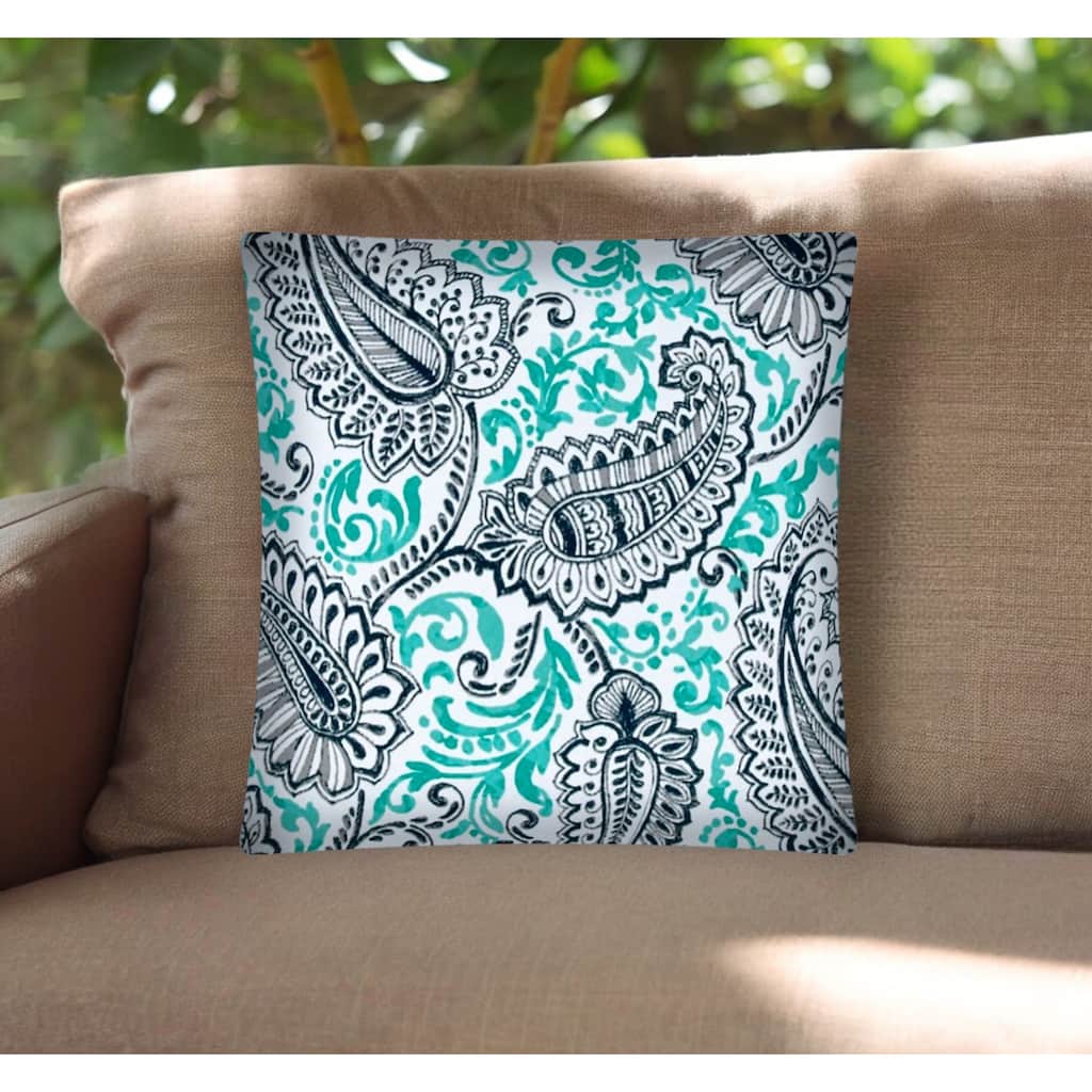 17" Turquoise Navy and White Paisley Indoor Outdoor Throw Pillow Cover