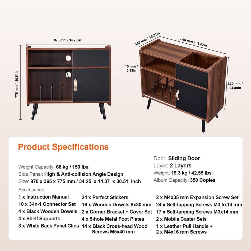 Turntable Stand with Storage, Holds 350 Records, Built-in Power Outlet - 34.25 x 14.37 x 30.51 inch