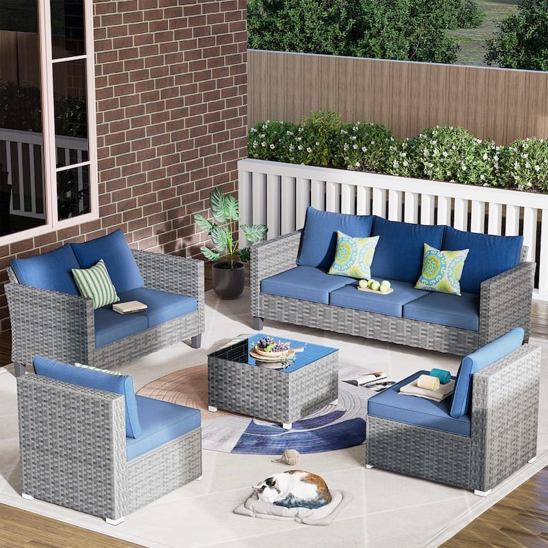 OVIOS 5-Piece Deep Seat Wicker Outdoor Patio Furniture Set - Denim Blue