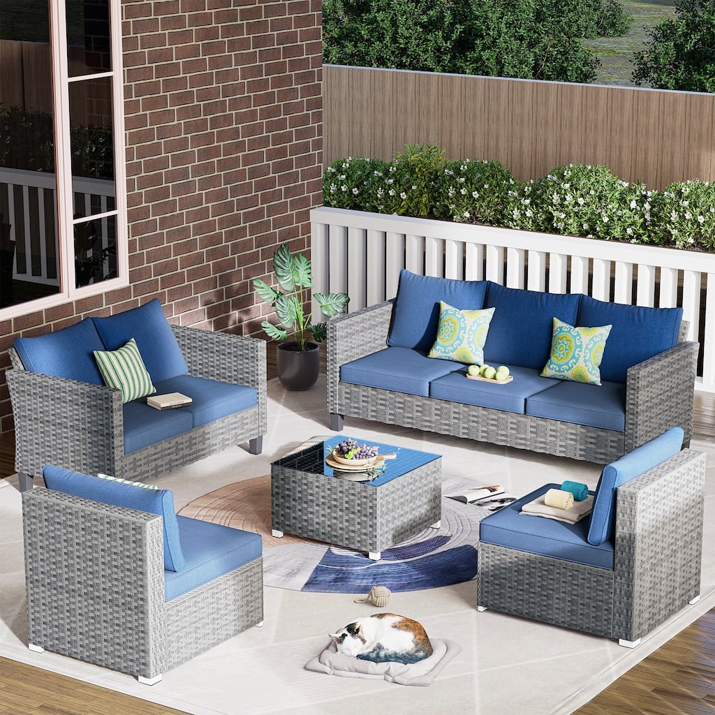 OVIOS 5-Piece Deep Seat Wicker Outdoor Patio Furniture Set