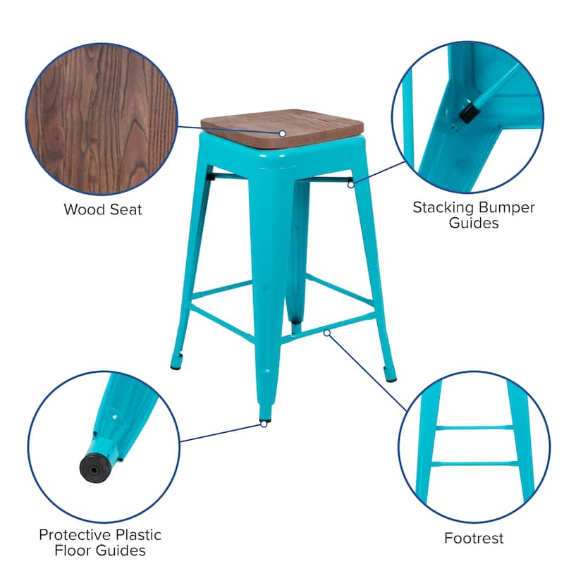 4 Pack 24" High Metal Indoor Counter Bar Stool with Wood Seat - Stackable Stool