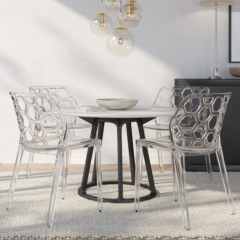 Dynamic Transparent Lucite Honeycomb Cut-Out Seamless Stackable Dining Accent Chair Set of 4