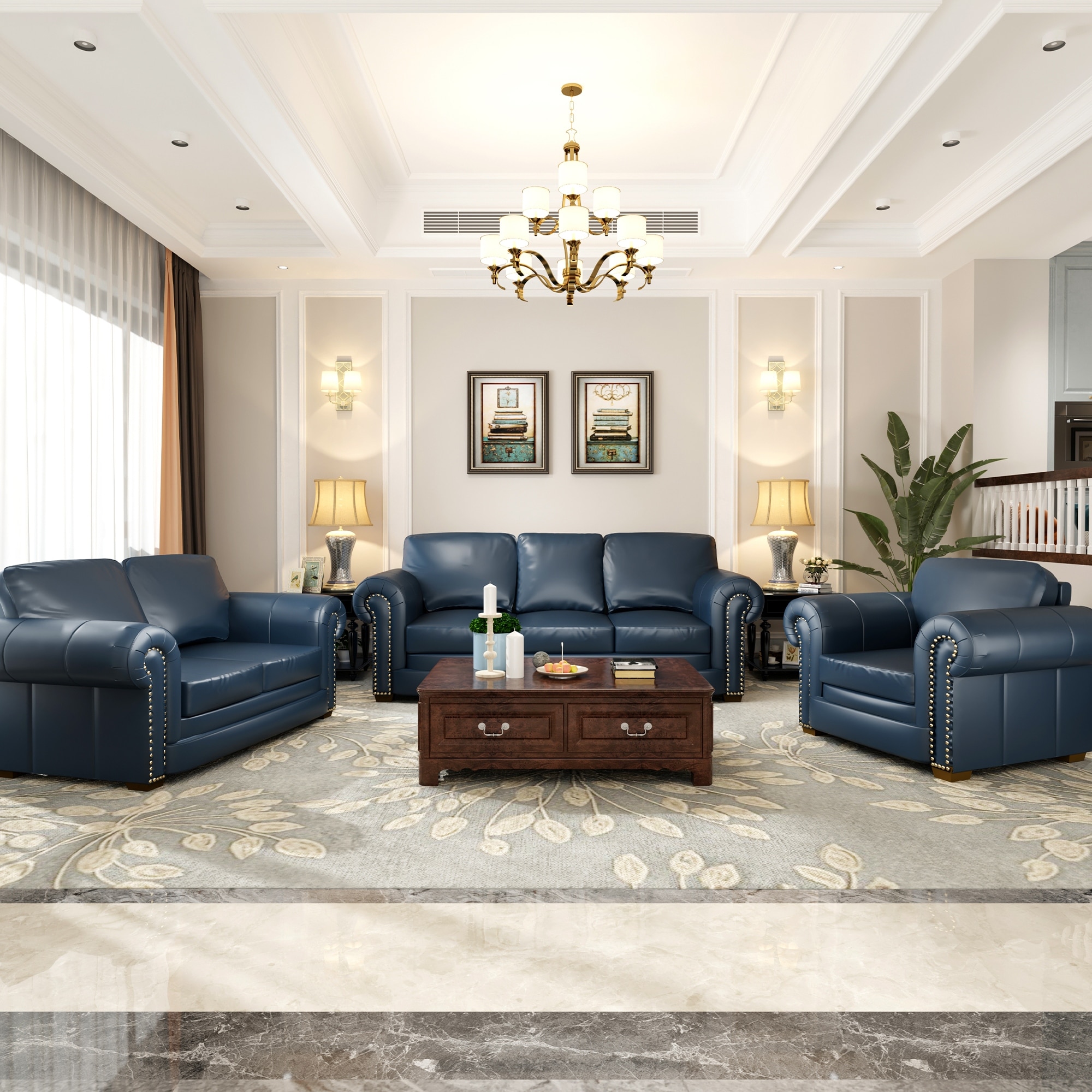 Navy blue leather couch set top