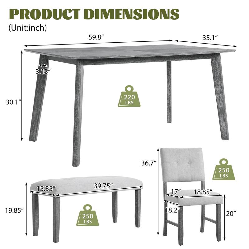 6 Piece Dining Room Table Set, Rustic Farmhouse Dining Room Rectangular Table with 4 Upholstered Chairs and Bench, Solid