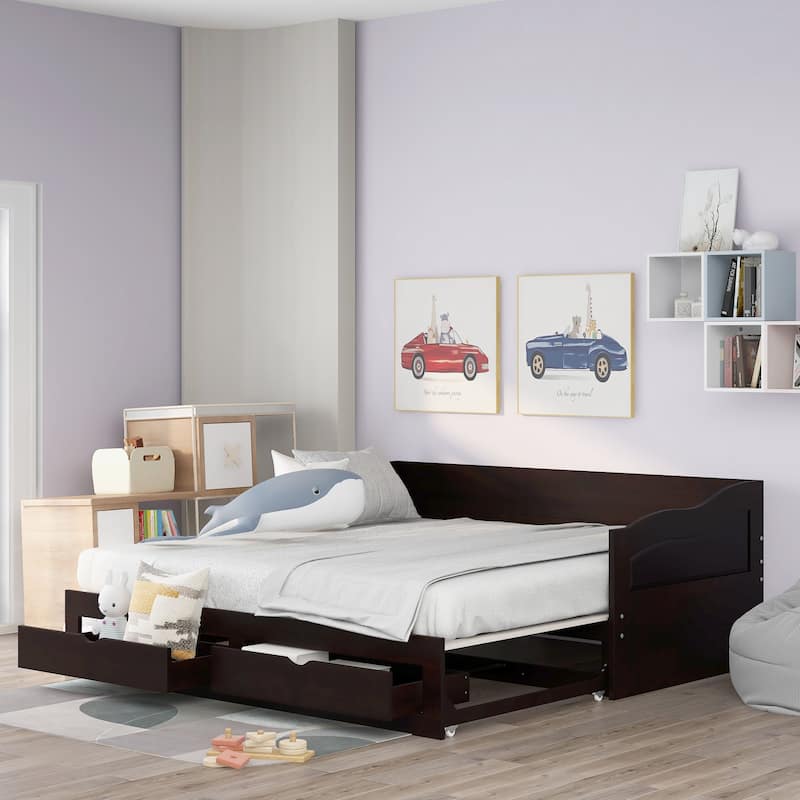 Wooden Daybed with Trundle Bed and Two Storage Drawers , Extendable Bed Daybed,Sofa Bed with Two Drawers, Espresso