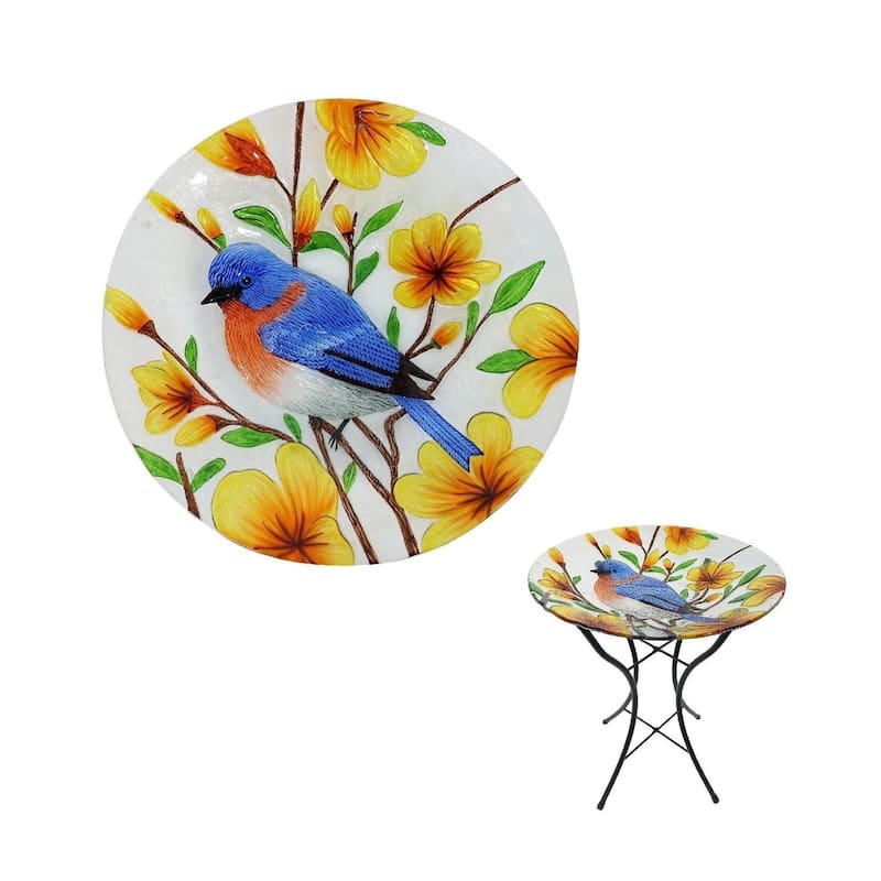 18" Glass Bowl Bluebird Birdbath with Metal Stand "Idaho"