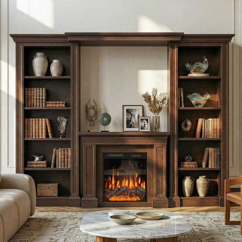 Electric Fireplace Mantel with Bookshelves, 115.5" Entertainment Center with Built-in Shelving - DarkBrown TV Stand&Fireplace