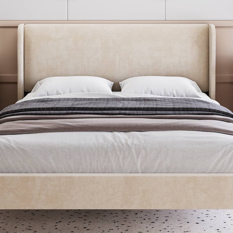 Velvet Bed Frame Full Size with Wingback Headboard and Storage Pockets