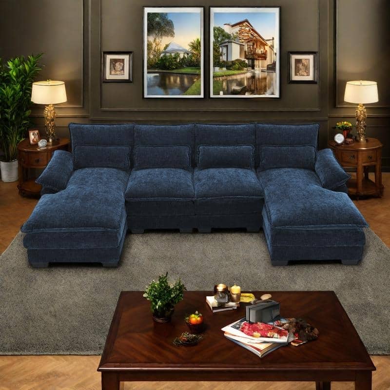 110" U-Shaped Chenille Sectional Sofa with 6-Seat Modular Cloud Couch and Chaise Lounge & Lumbar Pillows (330lb/Seat Capacity)
