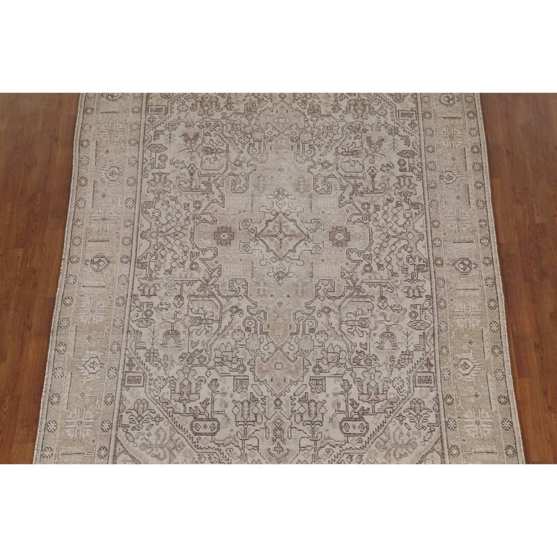Distressed Geometric Tabriz Persian Antique Rug Handmade Wool Carpet - 6'4"x 9'5"