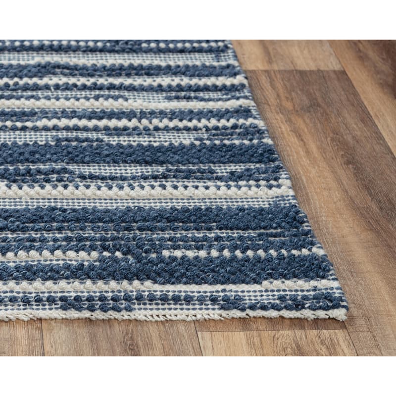 Alora Decor Sun Ivory and Blue Striped Hand-woven Wool Blend Rug