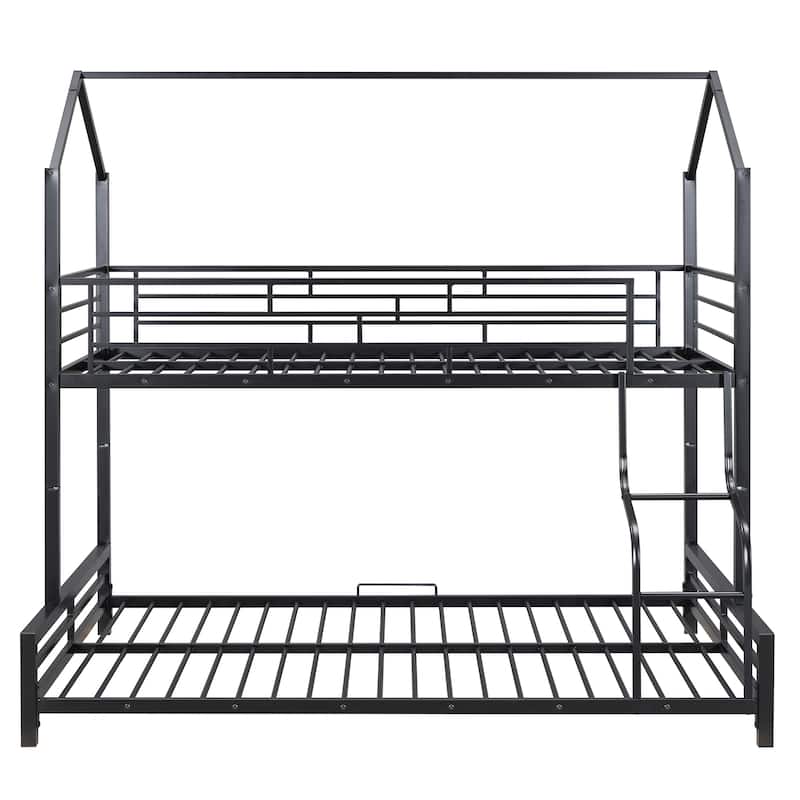 Twin Over Full Kids Heavy Metal House Low Bunk Bed, Convertible Floor Bunk Bed Frame with Full-Length Guardrail and Ladder