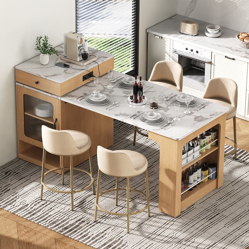 Kitchen Island with Extendable Dining Table, Kitchen Storage Table with 2 Drawers, Power Outlet, Open Shelves, for Diningroom