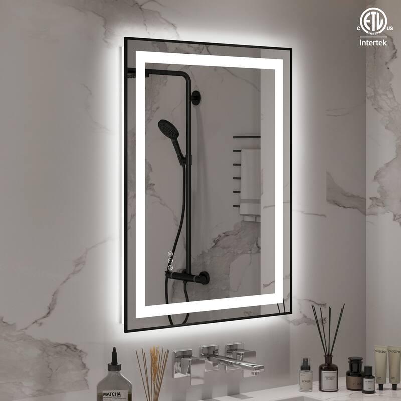 QuivaraView Aluminum front light and backlit LED lighted Framed Tempered Glass Bathroom Vanity Wall Mounted Mirror - 24" x 32"