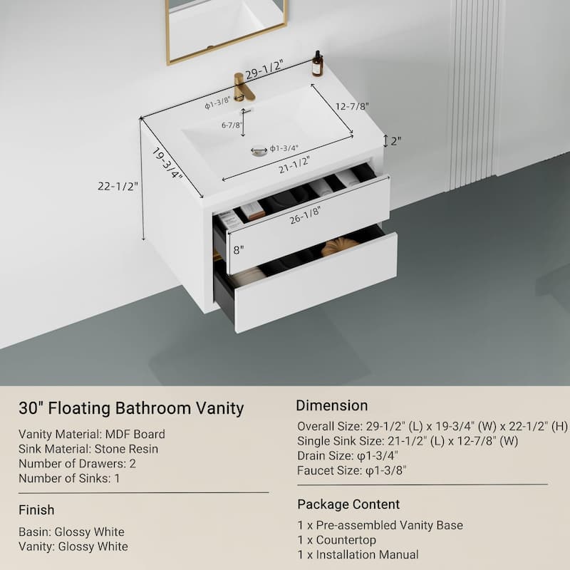 30" Wall-Mounted Bathroom Vanity with Sink