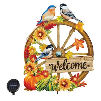 Solar Powered Autumn Birds Welcome Wagon Wheel Stake - NO SIZE