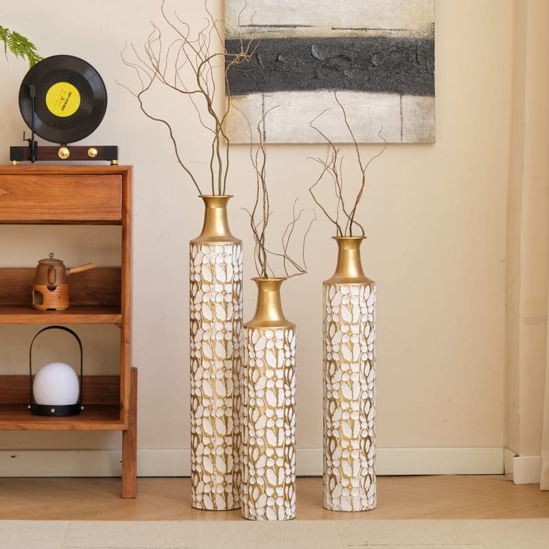 Set of 3 White & Gold Leaf Metal Floor Vases - Graduated Heights for Modern Home Decor