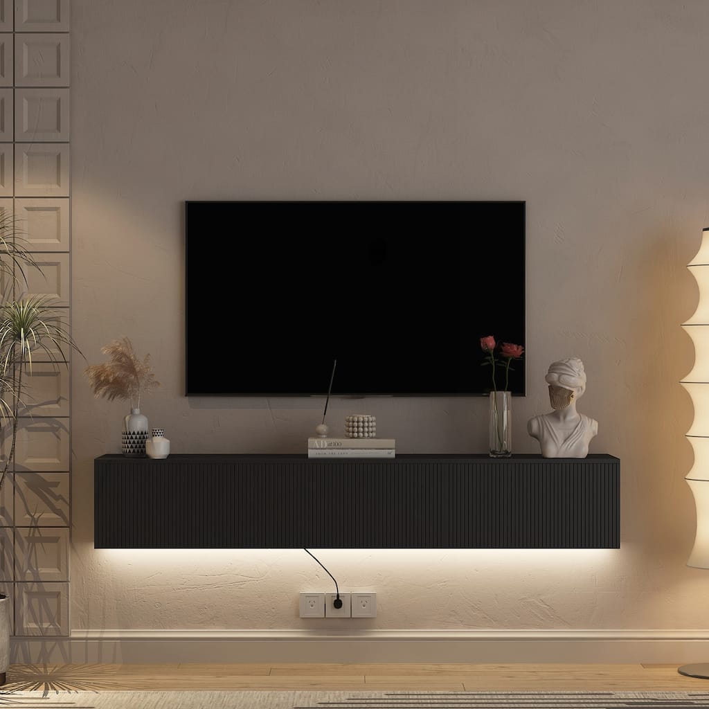 Versatile Wall-Mounted TV Stand with LED Lights and Ample Storage Space for Various Sized TVs
