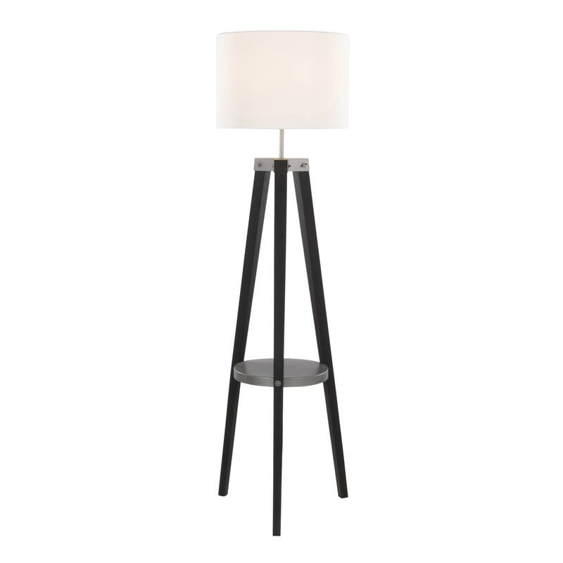 Carson Carrington Compass Tripod Floor Lamp with Shelf - Black Wood/Black Metal/White Linen