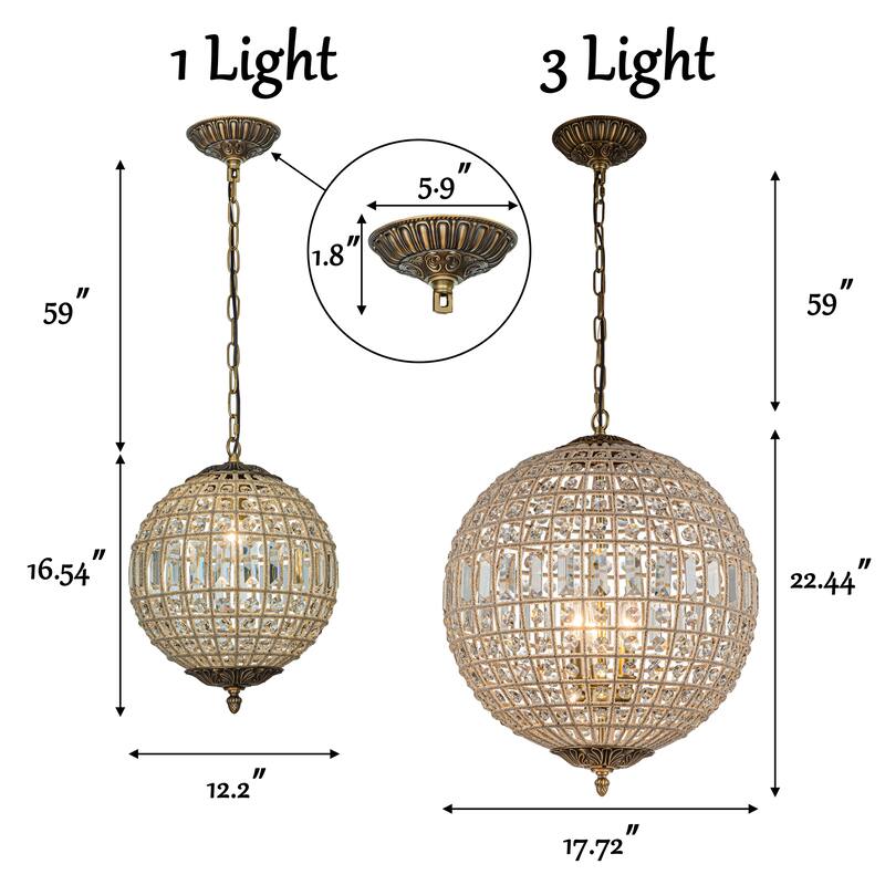 1/3/5-Light Vintage And Glam Antique Bronze Crystal Globe Chandelier Ornate Sphere Pendant Light