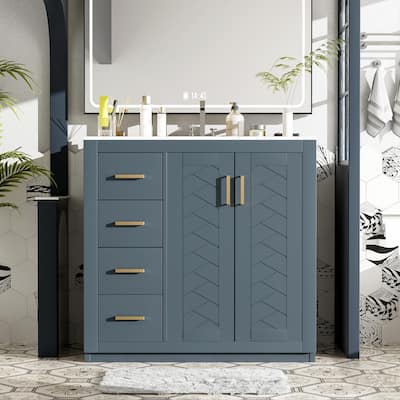 36'' Bathroom Vanity with Ceramic Sink Combo, Solid Wood Frame Bathroom Storage Cabinet