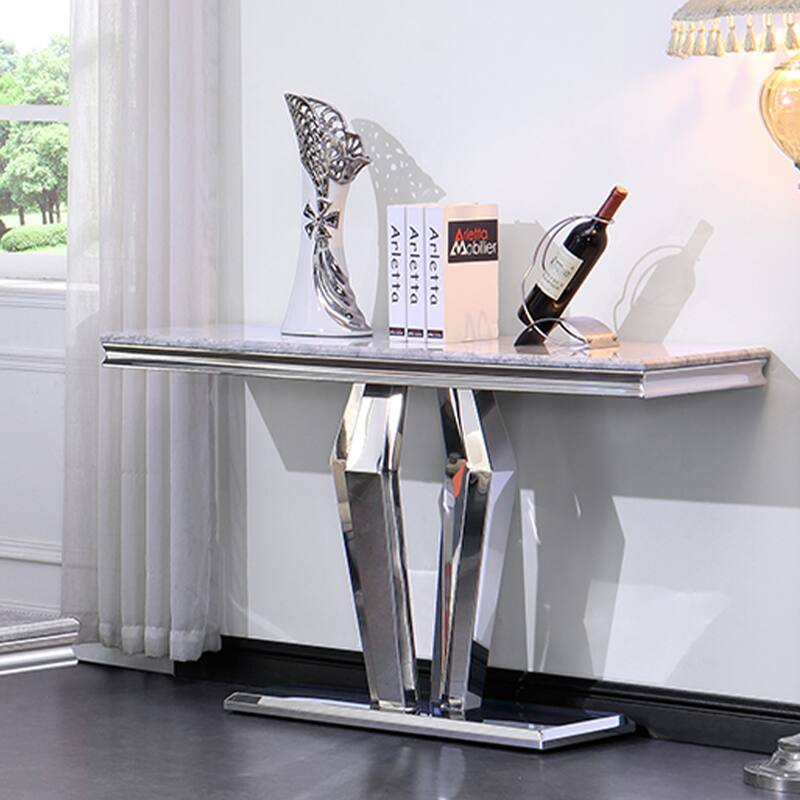 Luxury Rectangular Sofa Console Table Modern Living Room Entryway Table with Mirrored Gold Geometric Base - Silver