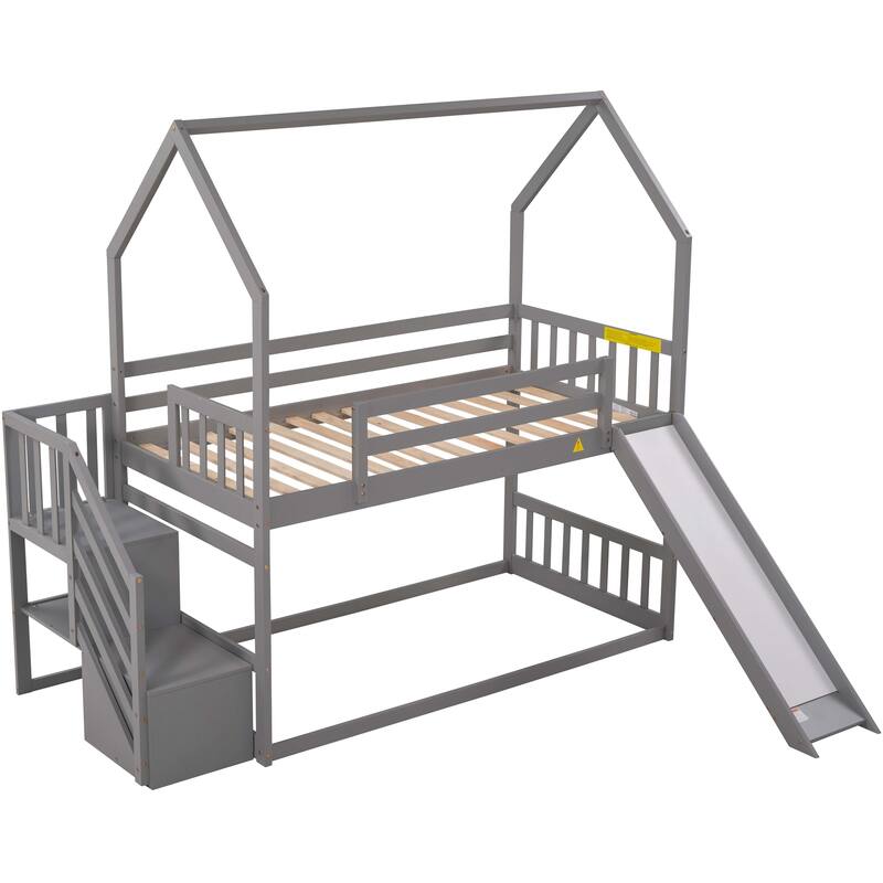 Twin Over Twin House Bunk Bed w/Convertible Slide & Storage Staircase