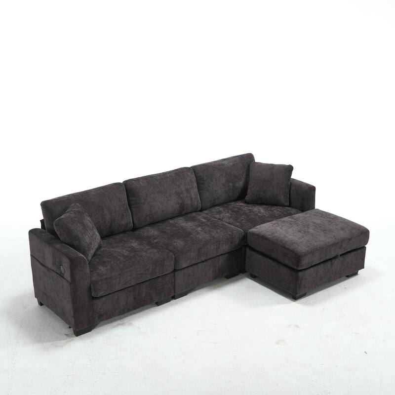 L-Shaped Modular Sectional Sofa with Storage Ottoman, 97" Chenille Corner Couch with USB Ports, Side Pockets