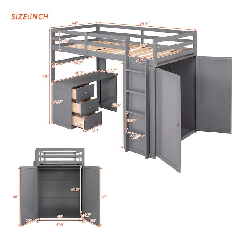 Twin/Full Size High Loft Bed with Built-in Desk, Wardrobe & 3 Drawers
