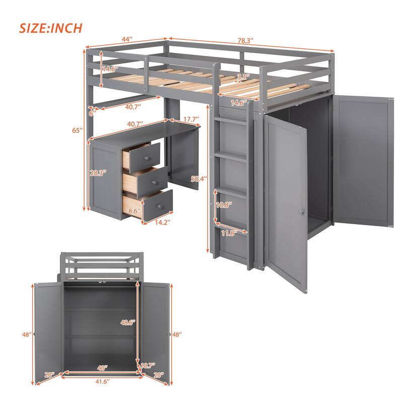 Twin/Full Size High Loft Bed with Built-in Desk and Wardrobe, Wooden Loftbed Bedframe with 3 Drawers, for Kids, Teens, Adults