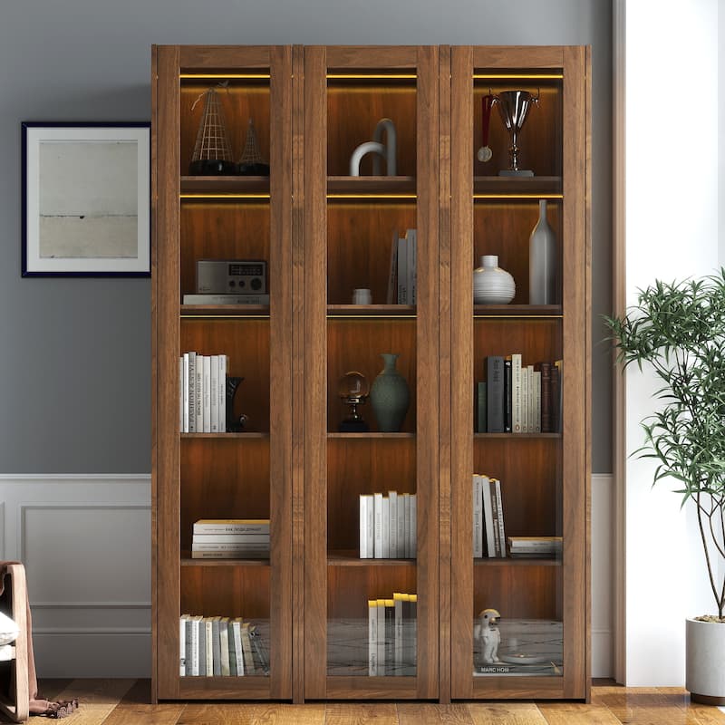 Display Cabinet with Glass Doors, Curio Storage Cabinet with 5 Shelves & Led Lights