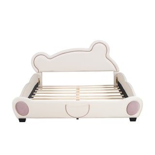 Queen Upholstered Platform Bed w/ Bear-shaped Headboard & Pocket,Beige