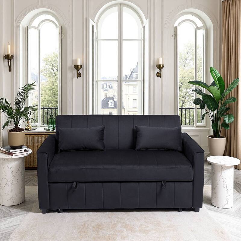3-in-1 Velvet Pull-Out Sofa with Armrests, Storage Pockets and Pillows - Black