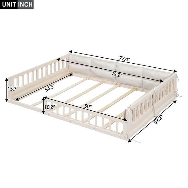 dimension image slide 1 of 2, Solid Wood Full Size Floor Platform Bed with Upholstered Guardrail