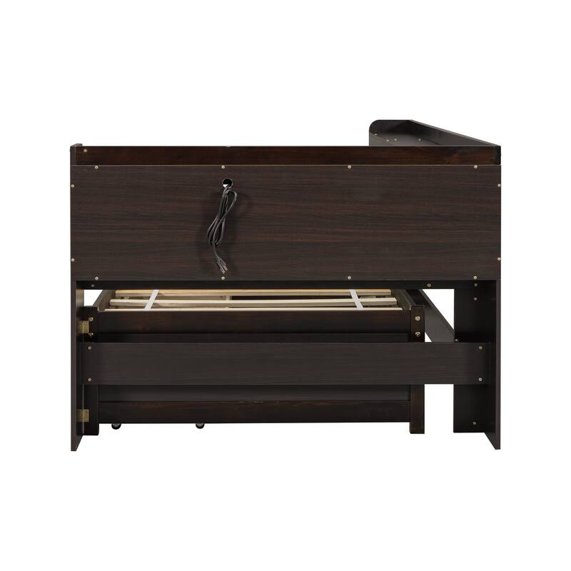 Twin Platform Bed with L-Shaped Bookcase, Charging Station & 2 Storage Drawers