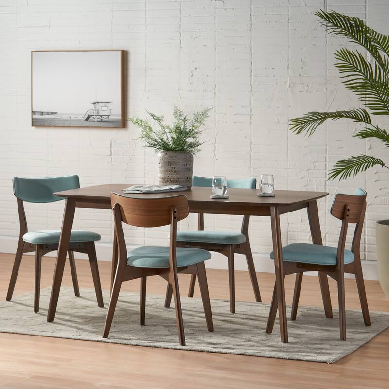 Alma Mid-Century 5-piece Wood Rectangle Dining Set by Christopher Knight Home - Natural Walnut + Mint