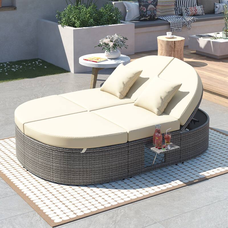 Outdoor Rattan Round Daybed Sunbed with Adjustable Back & Cup Trays