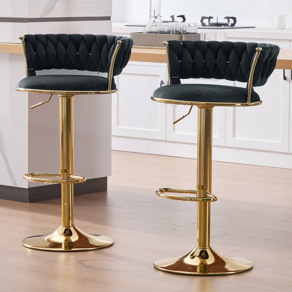 HOMEFUN Velvet Adjustable Height Swivel Armless Bar Stools With Golden Footrest(set of 2)