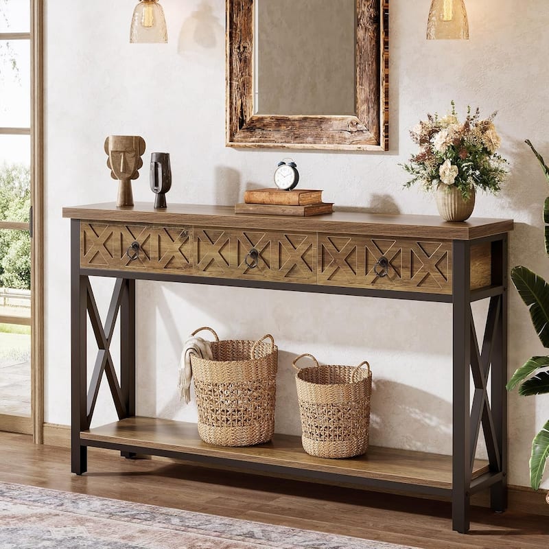 55" Farmhouse Narrow Console Table with 3 Drawers, Long Rustic Entryway Table with 2-Tier Storage Shelf