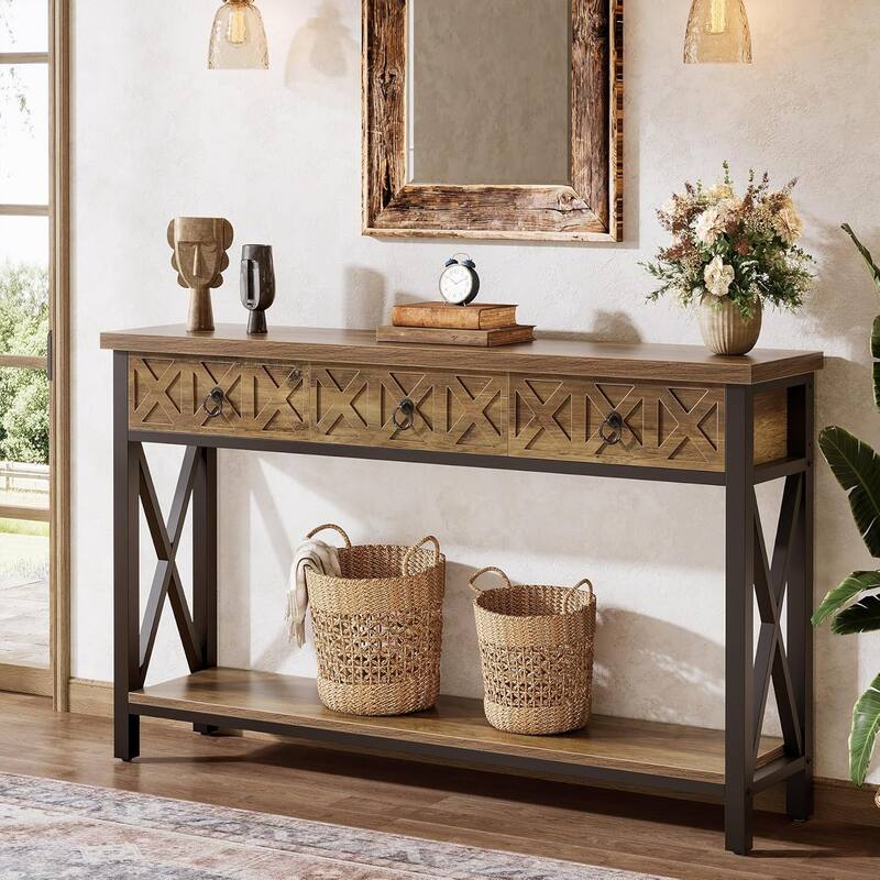 Farmhouse Narrow Console Table with 3 Drawers, 55" Long Rustic Entryway Table with 2-Tier Storage Shelf