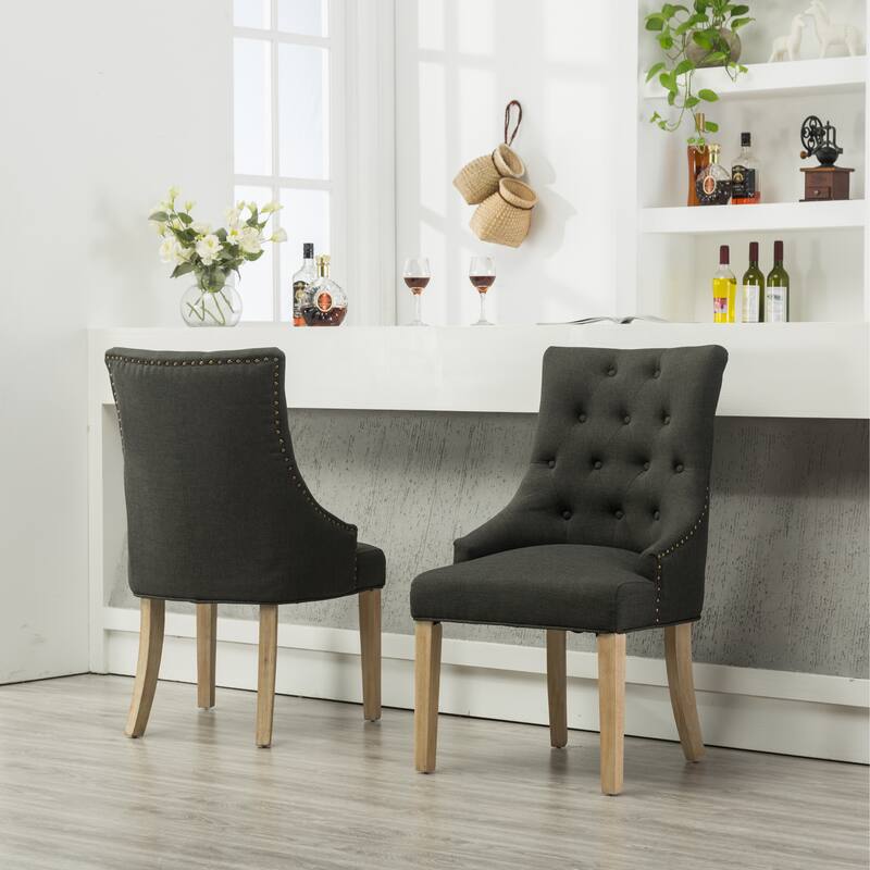 Luxurious Dressing Chair Side Chair with Nailhead Trim, Vanity Chair Reception Chair with Wood Legs Set of 2 - Charcoal